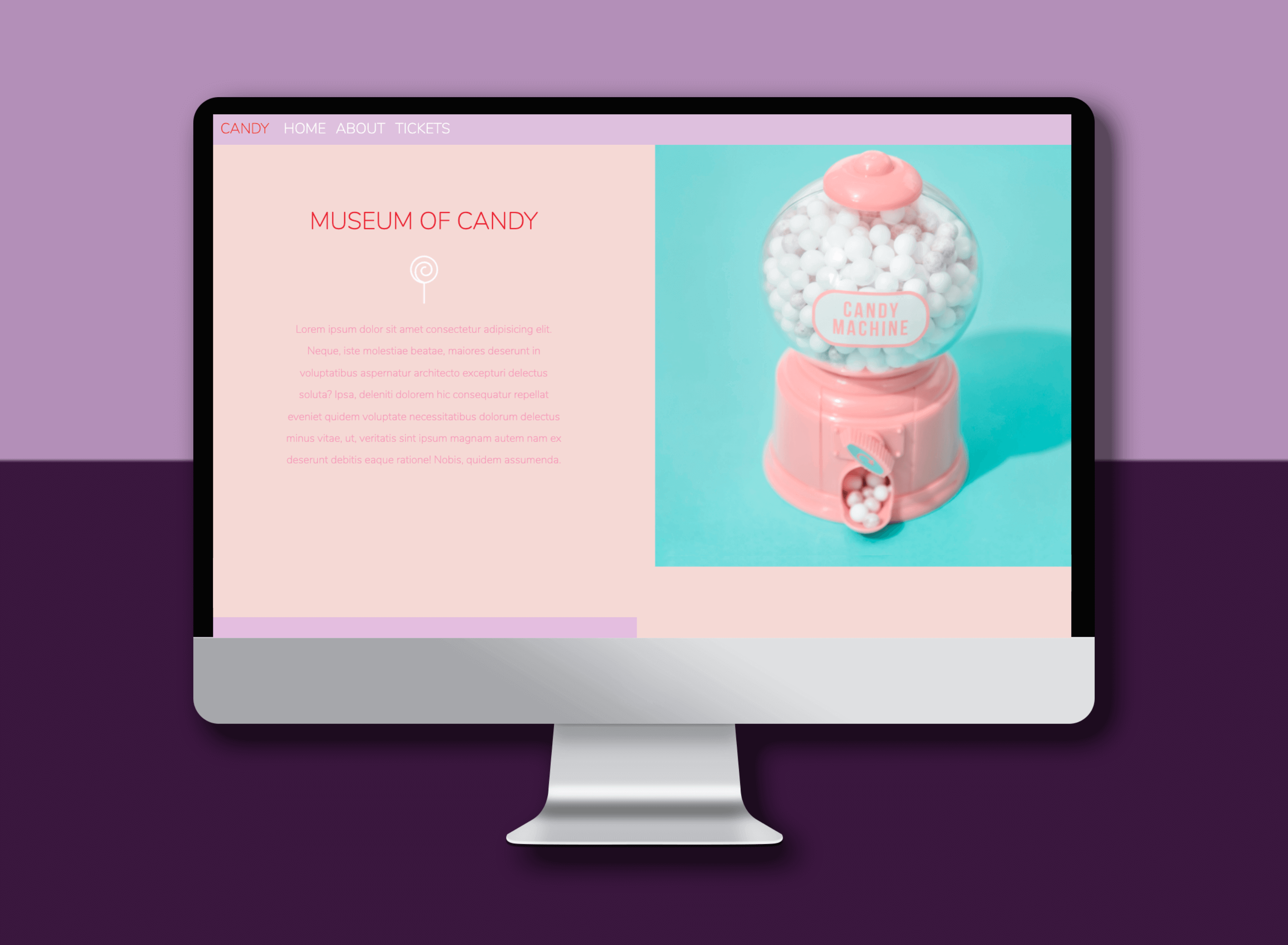 shows a desktop mockup of candy museum project, with a screengrab of the homepage